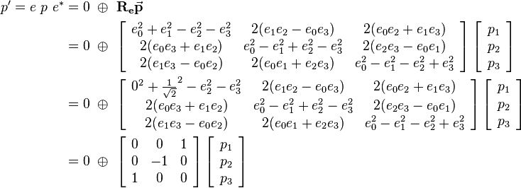 
\begin{align}
p' = e \ p \ e^* &= 0 \ \oplus \ \mathbf{R_e}\vec{\mathbf{p}} 
\\ &=  0 \ \oplus \ 
\left[\begin{array}{ccc}
e_0^2+e_1^2-e_2^2-e_3^2 & 2(e_1e_2-e_0e_3) & 2(e_0e_2+e_1e_3) \\
2(e_0e_3+e_1e_2) & e_0^2-e_1^2+e_2^2-e_3^2 & 2(e_2e_3-e_0e_1) \\
2(e_1e_3-e_0e_2) & 2(e_0e_1+e_2e_3) & e_0^2-e_1^2-e_2^2+e_3^2
\end{array}\right] 
\left[\begin{array}{c}
p_1 \\
p_2 \\
p_3
\end{array}\right] 

\\ &=  0 \ \oplus \ 
\left[\begin{array}{ccc}
0^2+\frac{1}{\sqrt{2}}^2-e_2^2-e_3^2 & 2(e_1e_2-e_0e_3) & 2(e_0e_2+e_1e_3) \\
2(e_0e_3+e_1e_2) & e_0^2-e_1^2+e_2^2-e_3^2 & 2(e_2e_3-e_0e_1) \\
2(e_1e_3-e_0e_2) & 2(e_0e_1+e_2e_3) & e_0^2-e_1^2-e_2^2+e_3^2
\end{array}\right] 
\left[\begin{array}{c}
p_1 \\
p_2 \\
p_3
\end{array}\right] 

\\ &=  0 \ \oplus \ 
\left[\begin{array}{ccc}
0 & 0 & 1 \\
0 & -1 & 0 \\
1 & 0 & 0
\end{array}\right] 
\left[\begin{array}{c}
p_1 \\
p_2 \\
p_3
\end{array}\right] 
\end{align}
