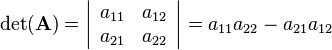 
\det(\mathbf{A})=
\left|\begin{array}{cc}
a_{11} & a_{12}\\
a_{21} & a_{22}
\end{array}\right|=a_{11}a_{22}-a_{21}a_{12}
