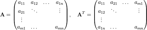 
  \mathbf{A}=
  \begin{pmatrix}
    a_{11} & a_{12} & \dots &a_{1n} \\
    a_{21} &\ddots & &\vdots\\
    \vdots & & & \\
    a_{m1} & \dots & &a_{mn}
  \end{pmatrix}, \quad
  \mathbf{A}^T =
  \begin{pmatrix}
    a_{11} & a_{21} & \dots &a_{m1} \\
    a_{12} &\ddots & &\vdots\\
    \vdots & & & \\
    a_{1n} & \dots & &a_{mn}
  \end{pmatrix}
