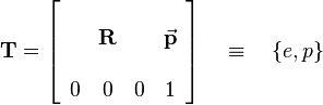 
\mathbf{T} = \left[\begin{array}{cccc} & & & \\ & \mathbf{R} &  & \vec{\mathbf{p}} \\ & & & \\ 0 & 0 & 0 & 1\end{array}\right] \quad \equiv \quad \left\{e,p\right\}

