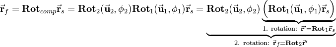 
\vec{\mathbf{r}}_f = \mathbf{Rot}_{comp}\vec{\mathbf{r}}_s = \mathbf{Rot}_2(\vec{\mathbf{u}}_2,\phi_2)\mathbf{Rot}_1(\vec{\mathbf{u}}_1,\phi_1)\vec{\mathbf{r}}_s = \underbrace{\mathbf{Rot}_2(\vec{\mathbf{u}}_2,\phi_2)\underbrace{\Big(\mathbf{Rot}_1(\vec{\mathbf{u}}_1,\phi_1)\vec{\mathbf{r}}_s\Big)}_{\text{1. rotation:}\ \vec{\mathbf{r}}'=\mathbf{Rot}_1\vec{\mathbf{r}}_s}}_{\text{2. rotation:}\ \vec{\mathbf{r}}_f=\mathbf{Rot}_2\vec{\mathbf{r}}'}
