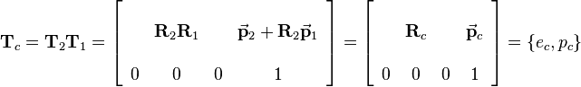 
\begin{align}
\mathbf{T}_c = \mathbf{T}_2\mathbf{T}_1  = 
\left[\begin{array}{cccc} & & & \\ & \mathbf{R}_2\mathbf{R}_1 &  & \vec{\mathbf{p}}_2+\mathbf{R}_2\vec{\mathbf{p}}_1 \\ & & & \\ 0 & 0 & 0 & 1\end{array}\right]
=
\left[\begin{array}{cccc} & & & \\ & \mathbf{R}_c &  & \vec{\mathbf{p}}_c \\ & & & \\ 0 & 0 & 0 & 1\end{array}\right]
=
\left\{e_c,p_c\right\}
\end{align}
