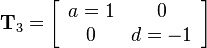 
 \mathbf{T}_3=
\left[\begin{array}{cc}
a=1 & 0\\
0 & d=-1
\end{array}\right]
